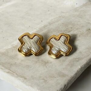 Gold and Cream Cross Earrings White pearl With Goldtone clip on earrings
